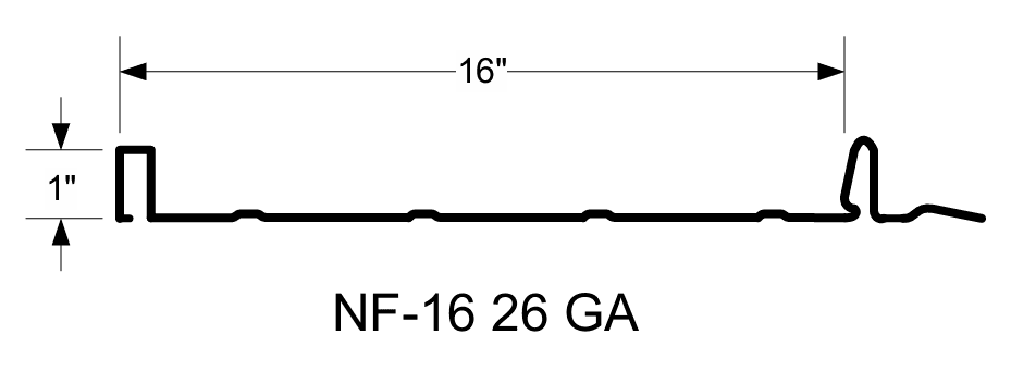 NF-16 profile, 26 gauge: 16-inch panel width and 1-inch seam height